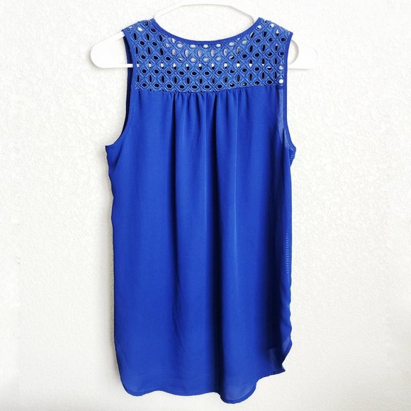 PLEIONE Blue Sheer Top Short Sleeve Blouse Shirt w/ Diamond Pattern - Picture 3 of 7